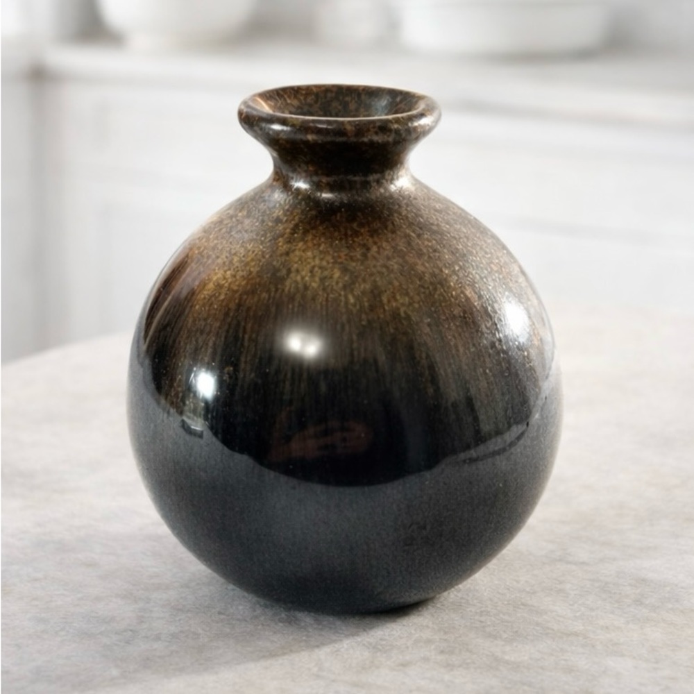 Small Round Studio Gold Crystalline Hombre Shades of Brown Pottery Art Vase